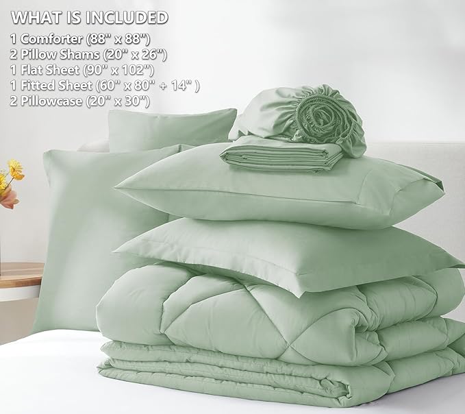 CozyLux Queen Comforter Set Sage Green - Bed in a Bag Queen Size 7 Pieces, Luxury Soft Bed Set for All Seasons, Bedding Set with Down Alternative Comforter, Sheets, Pillowcases & Shams