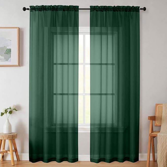 Sheer Hunter Green Curtains for Bedroom Living Room 90 Inches Long 2 Panels Set by WelvetBLK