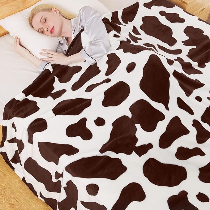 Richave Fleece Cow Print Blanket for All Season - Premium Lightweight Anti-Static Brown and Ivory Twin/Twin XL Size Extra Long Blankets, Bedroom Decor 66" x 90"(Brown Cow)