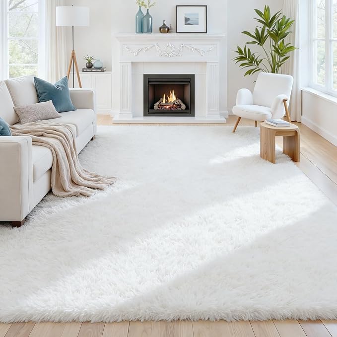 6x9 Fluffy Shag Area Rugs for Living Room Bedroom: Soft Plush Carpet White | by CarpetAddColortoYourLife