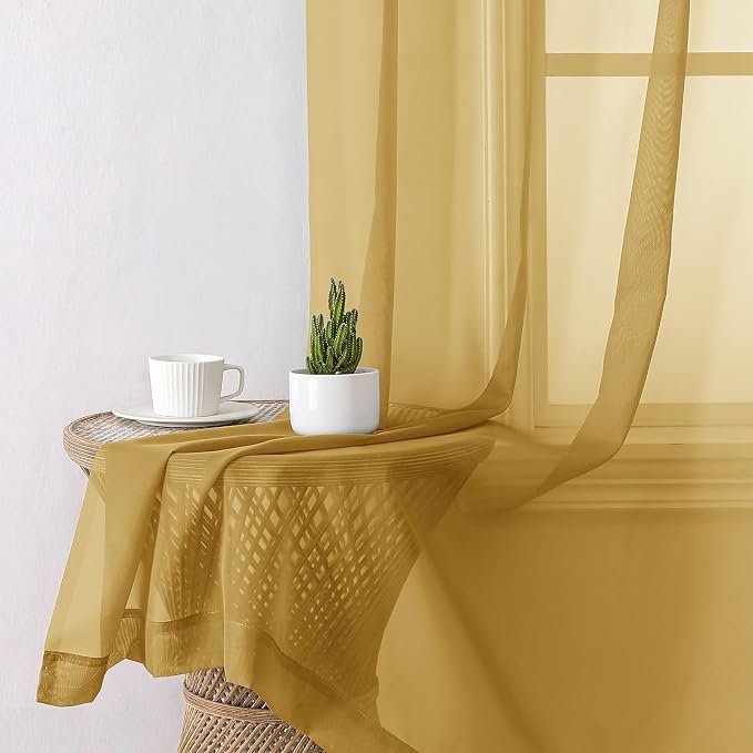 Gold Sheer Curtains 96 Inches Long 2 Panels, Breathable Solid Voile Light - Image 4