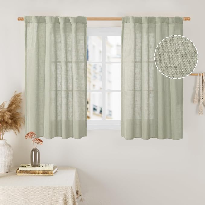40 Inch Length Linen Curtains for Small Windows Over Silk 2 Panels | Semi Sheer by LAMIT