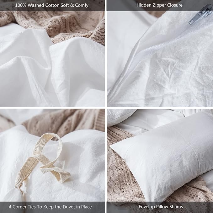 MooMee Bedding Duvet Cover Set 100% Washed Cotton Linen Like Textured Breathable Durable Soft Comfy (Solid Off White, Palatial King/Oversized King 120"x98")