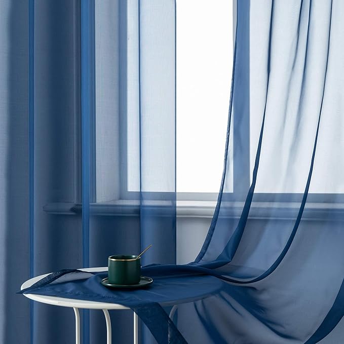 DUALIFE 72 Inch Length Navy Blue Curtains for Bedroom 2 Panels Set Semi Sheer Grommet Window Texture Soft Voile Sheer Curtains for Living Room Boys Playroom 52x72 Inches Long