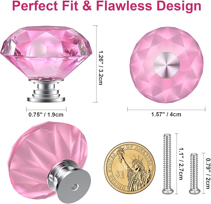 POZEAN Crystal Cabinet Knobs 12Pack, 1.57inch Dresser Knobs for Cabinet, Drawer with Two Different Sizes Screws, Diamond Glass Pulls Handles (40mm, 12Pack, Pink-Silver)
