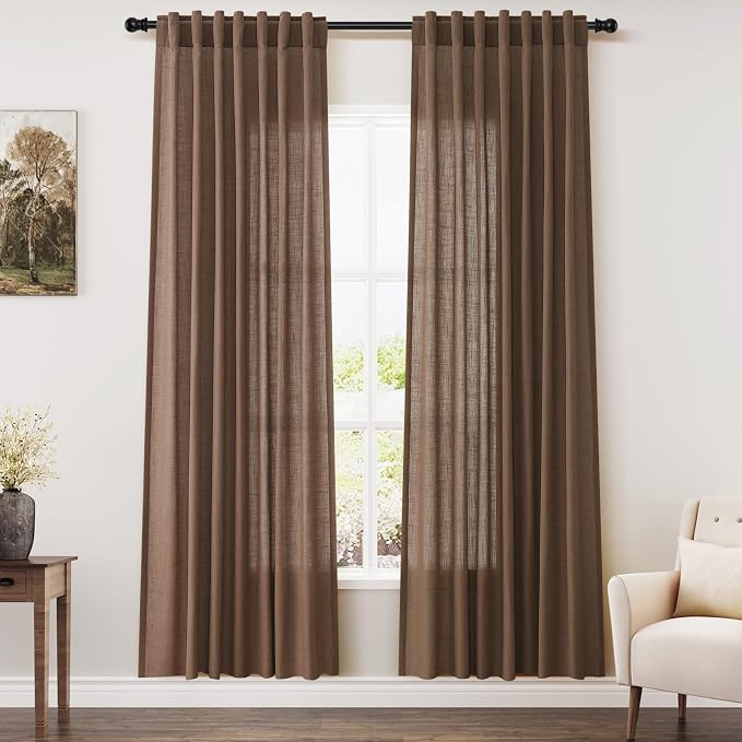 Caramel Brown Linen Semi Sheer Curtains 72 Inches Long 2 Panels Set by Nanspring