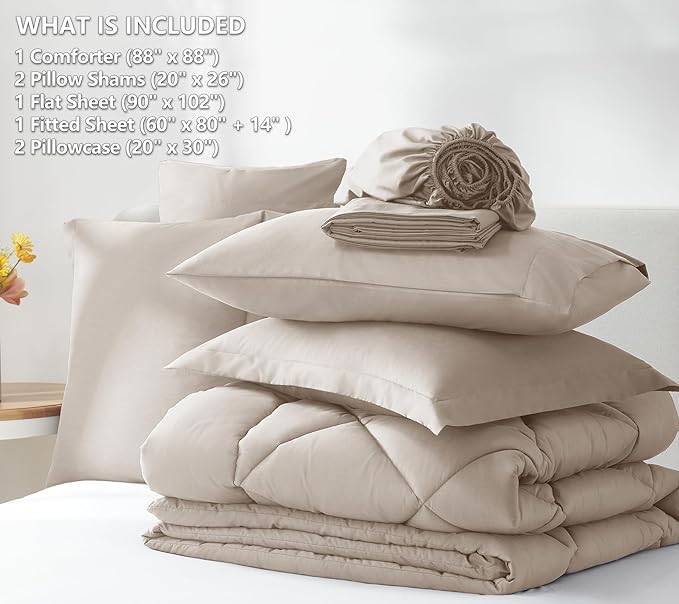 CozyLux Queen Comforter Set Linen - Bed in a Bag Queen Size 7 Pieces, Luxury Soft Bed Set for All Seasons, Bedding Set with Down Alternative Comforter, Sheets, Pillowcases & Shams