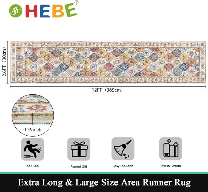 HEBE Hallway Runner Rug 2'8''x12', Washable Non Slip Kitchen Rug Runner | Soft - Image 2