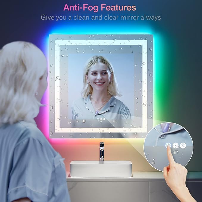 LOAAO 36"X36" LED Bathroom Mirror with Lights, Anti-Fog, Dimmable, RGB Backlit + Front Lighted, Bathroom Vanity Mirror for Wall, Memory Function