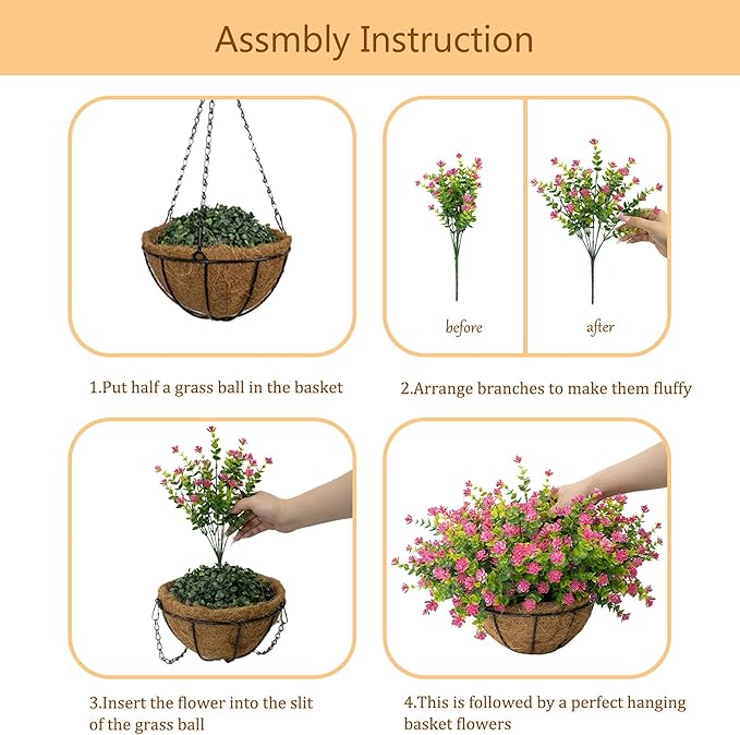 Artificial Hanging Flowers Basket for Outdoor, 16 Fake Flowers Look Real UV Resistant, Faux Hanging Plants for Porch, Balcony, Patio, Garden, Spring Summer Decor,Pink