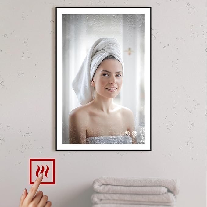 Fab Glass and Mirror LED Lighted Bathroom Mirror 20 x 30 Inch, Black Framed Wall Mounted Dimmable Vanity Mirror, Anti-Fog Touch Sensor, Adjustable Color Warm/White/Natural