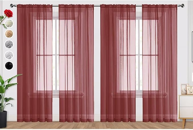 SpaceDresser Burgundy Sheer Curtains 4 Panels Rod Pocket Semi-Sheer Curtain 54 by SpaceDresser