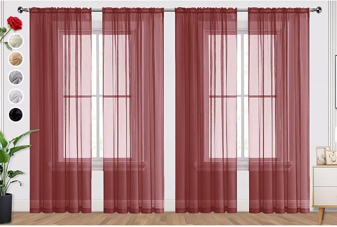 SpaceDresser Burgundy Sheer Curtains 4 Panels Rod Pocket Semi-Sheer Curtain 96 by SpaceDresser