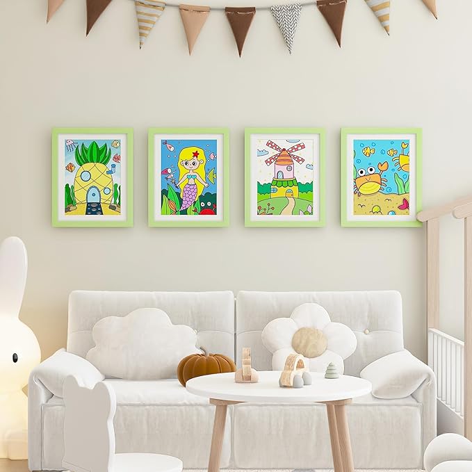 KINLINK 10x12.5 Kids Art Frames Set of 2, Solid Wood Kids Artwork Frames Changeable with Acrylic Front Opening Holds 150 Pictures, Art Frame for Kids Artwork with Mat or without Mat, Light Green