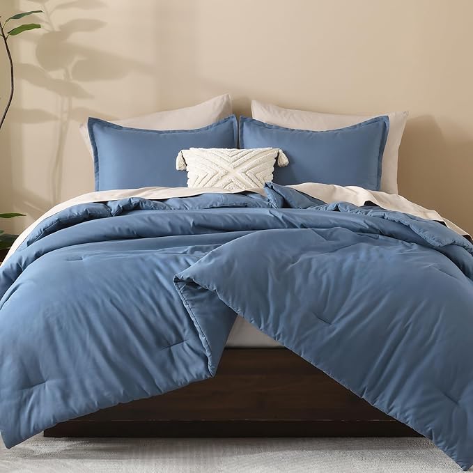 Litanika Haze Blue Comforter Full Size Set, 3 Pieces Lightweight Solid Bedding Comforter Set, All Season Fluffy Bed Set