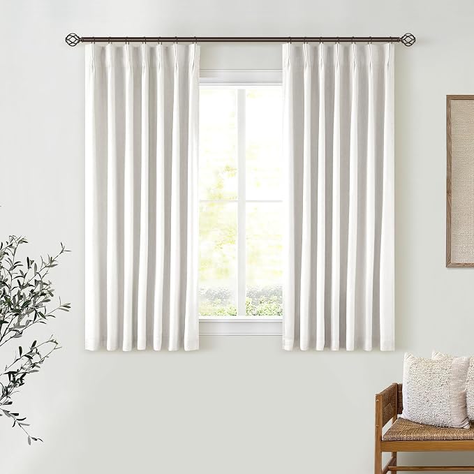 Beige White Pinch Pleat 100% Blackout Linen Curtains 2 Layers 45 Inch Long | - Image 8