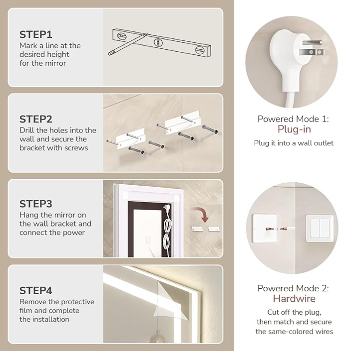 USHOWER LED Bathroom Mirror 48x32 Inch with Lights - Frameless Tempered Glass LED Backlit Lighted Mirror for Bathroom Vanity with Anti-Fog, 3 Colors Dimmable, Memory Function, Wall-Mounted