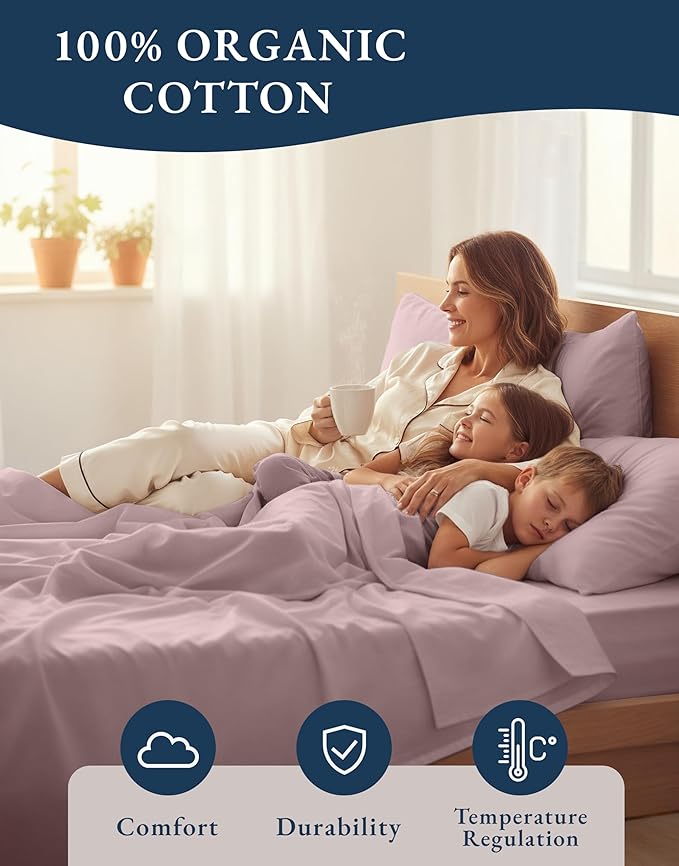 LANE LINEN 100% Organic Cotton Eco Friendly Extra Large Twin Sheets for Hospital Bed, Fully Elasticized Reinforsed Seams in Fitted Pocket, Machine Washable Deep Pocket Twin XL Bedding- Lilac