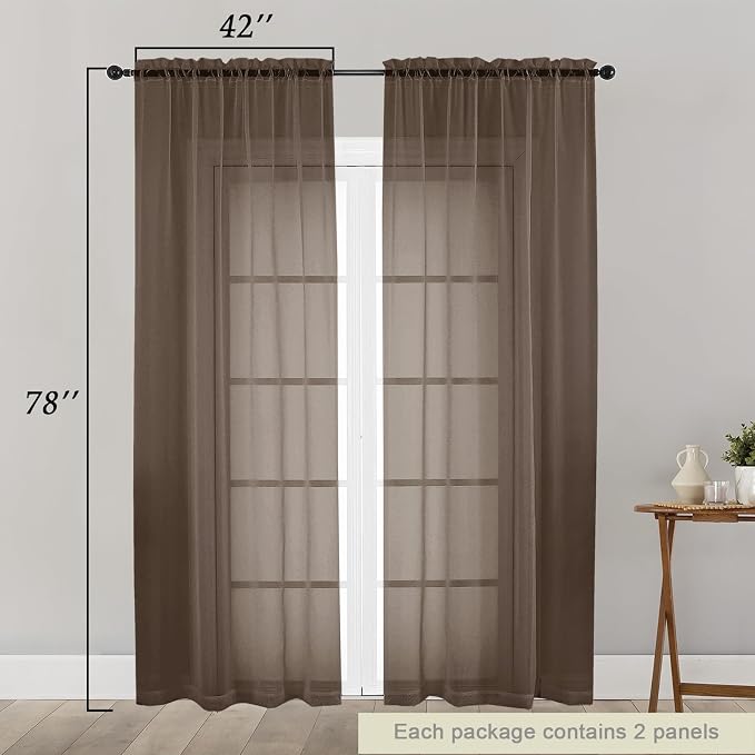 Chocolate Sheer Curtain for Bedroom Living Room 78 Inches Long 2 Panels Set - Image 2