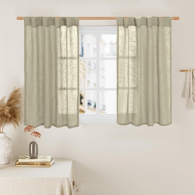 40 Inch Length Linen Curtains for Small Windows Over Silk 2 Panels | Semi Sheer by LAMIT