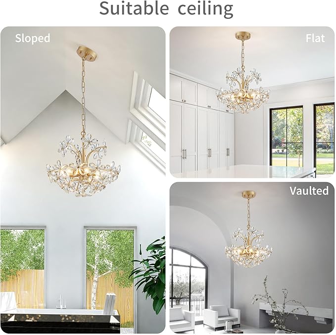 WUZUPS Crystal Chandelier Pendant Flushmount Ceiling Light Modern Lighting Fixture for Bedroom Hallway Bar Kitchen Bathroom, H 15.7" x W 17.7", Gold, E12 Base