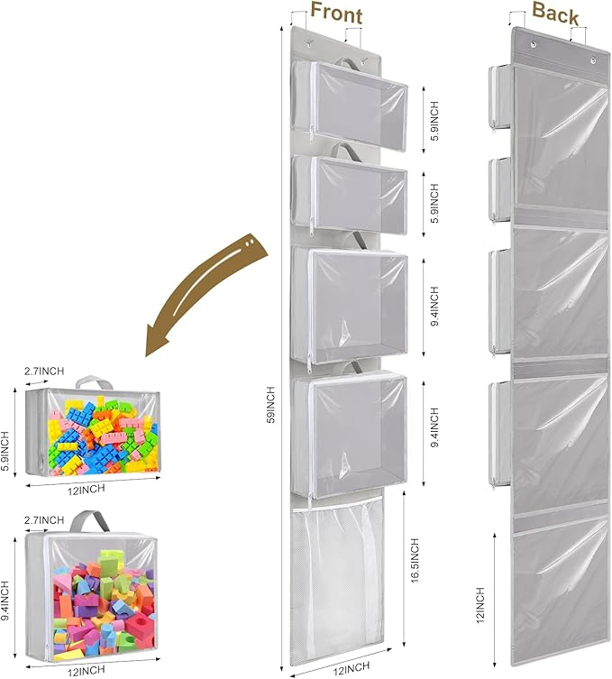 Hanging Toy Storage over Door, Block Stuffed Animal Organizer Idea with 4 Removable Case Bag, Bi-Fold Closet Holder with Mesh Pocket for Kid Boy Girl