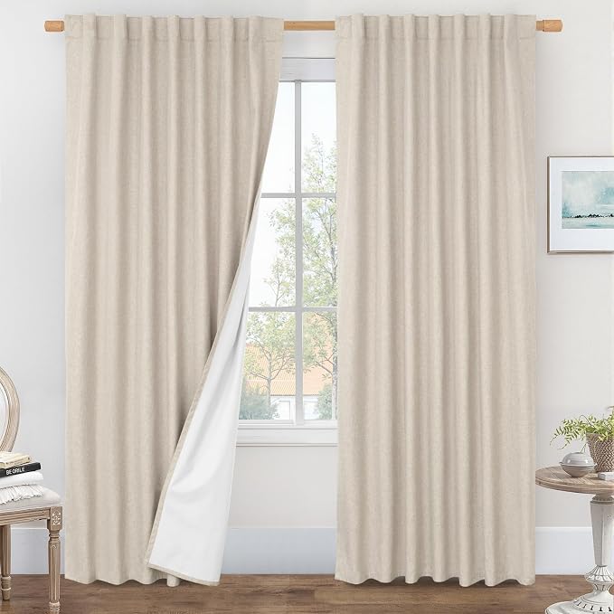 Oatmeal 100% Blackout Linen Curtains 84 Inch by LAMIT