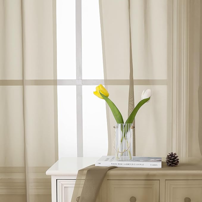 Taupe Sheer Curtains 63 Inch Length 2 Panels, Airy & Breathable Solid Voile Tan - Image 6