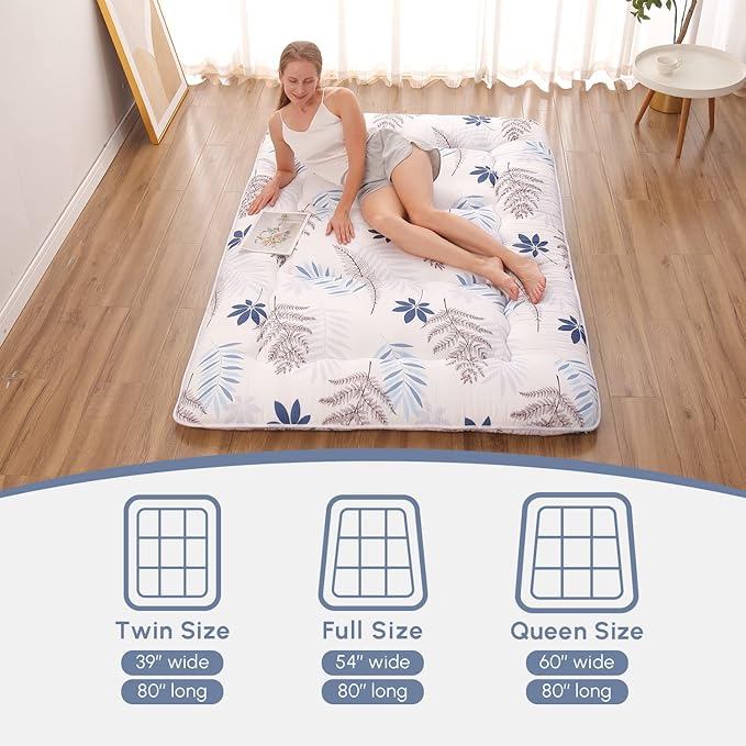 Japanese Floor Mattress, Futon Mattress with Portable Storage Bag and Washable Cover, Roll Up Thick Tatami Mat Suitable for Camping, Guest Room, White Leaf, Twin