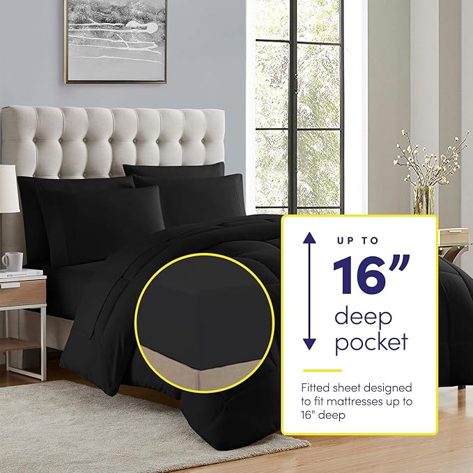 RV Short Queen Comforter Set for RV Camper - Comforter Set with Fitted & Flat Sheet, 4 Pillowcases - Tailored for RV Short Queen Beds - Cozy Essentials for Your RV Bedroom, Black