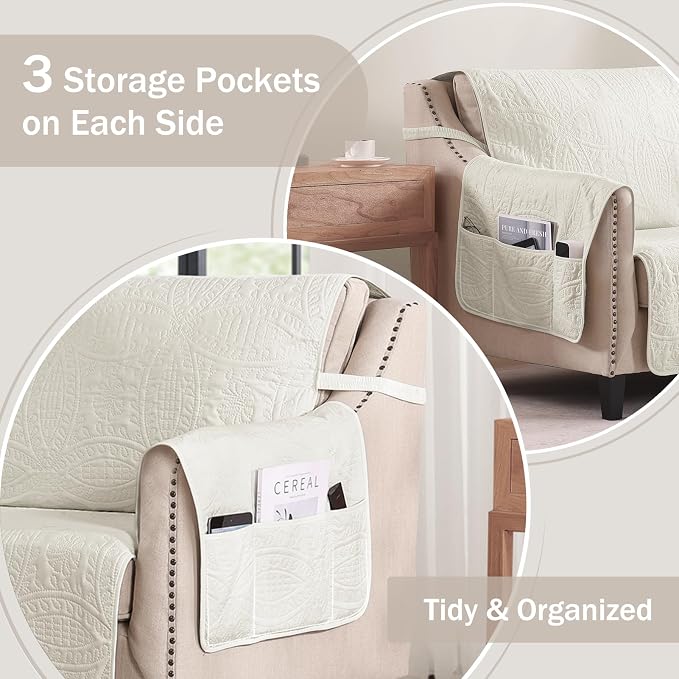 Stay in Place Ivory White Quilted Loveseat Couch Cover - Image 4