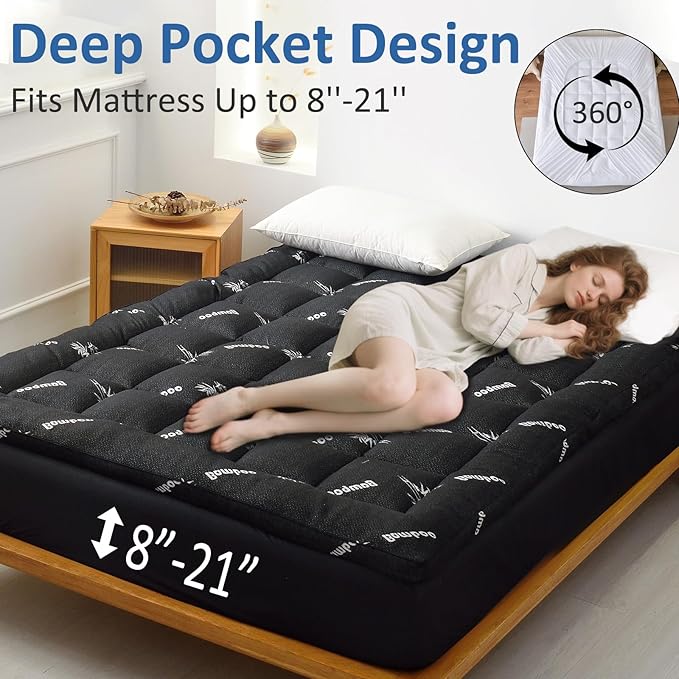 Favorland Mattress Topper Full Size - Cooling Extra Thick Breathable Viscose Made from Bamboo Mattress pad - Soft Quilted Fitted Mattress Cover with 900 GSM Down Alternative Fill (8-21”Deep Pocket)