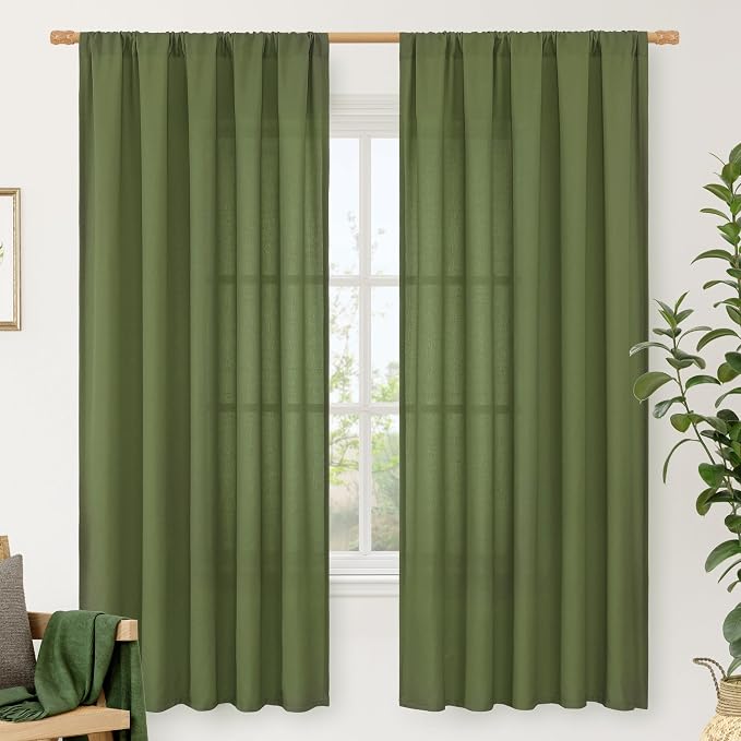 Olive Green Semi Sheer Linen Curtains 72 Inch Length by LAMIT