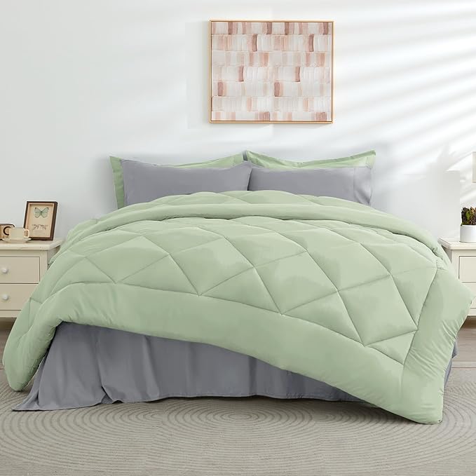 HEVUMYI Queen Comforter Set - 7-Piece All Season Bed in a Bag Queen, Ultra Soft Bedding Set with Comforter, Flat Sheet, Fitted Sheet, Pillowcases, Pillow Shams, Sage Green & Light Grey