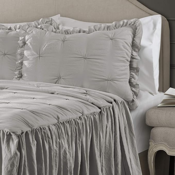 Lush Decor Ravello Pintuck Ruffle Skirt Bedspread Set - Luxe 3 Piece Ruffled Bedding Set - Traditional Glam & Farmhouse Inspired Bedroom Decor - King, Light Gray