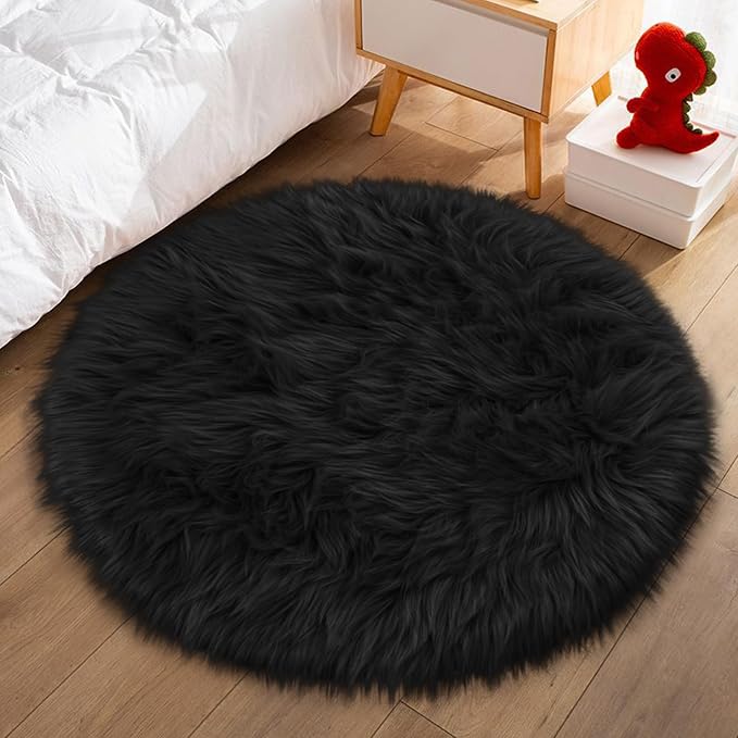 Black Round Rug for Bedroom, Fluffy Circle Rug 3 3 Feet for Kids Room, Furry - Image 7