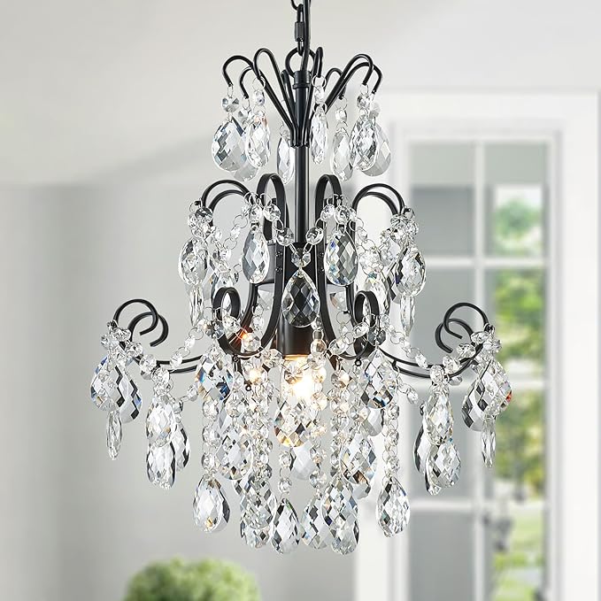 WUZUPS Crystal Chandelier 1-Light Pendant Ceiling Light Modern Lighting Fixture for Bedroom Hallway Bar Kitchen Bathroom, H 15.7" x W 13.8", E12 Base, Black