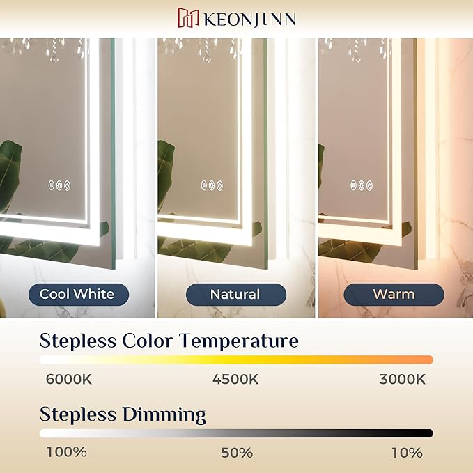 Keonjinn Bathroom LED Mirror 30 x 30 Inch Frontlit and Backlit, Tempered Glass Stepless 3 Colors Temperature & Dimmable Square Wall Mirror, UL Listed LED Driver, Double LED Strips, Anti-Fog