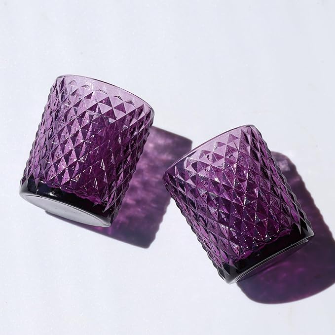 Woho 24pcs Purple Votive Candle Holders, Glass Tea Lights Candle Holder for Wedding Table Centerpiece, Studded Diamond Tealight Candle Holder for Tealight Candles/Votive Candles