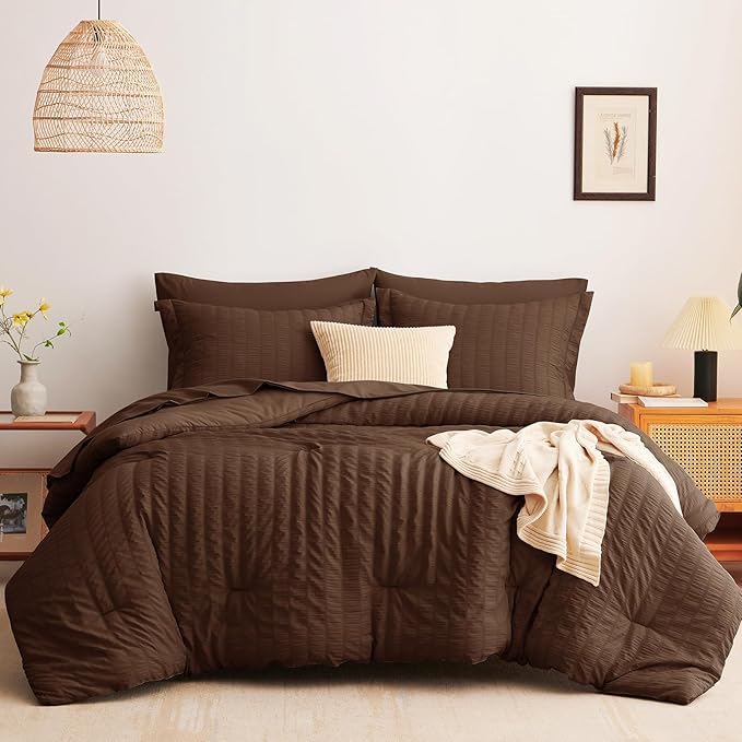 CozyLux King Size Comforter Set Brown Seersucker 7 Pieces Bed in a Bag King Comforter Set with Sheets, Luxury Soft Bedding Set with Down Alternative Comforter, Sheets, Pillowcases & Shams All Seasons