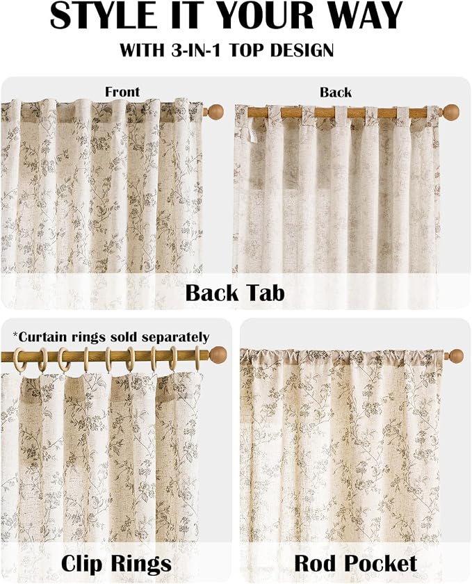 Extra Long Grey Vintage Floral Linen Curtains Farmhouse 2 Panels | Elisa Series - Image 5