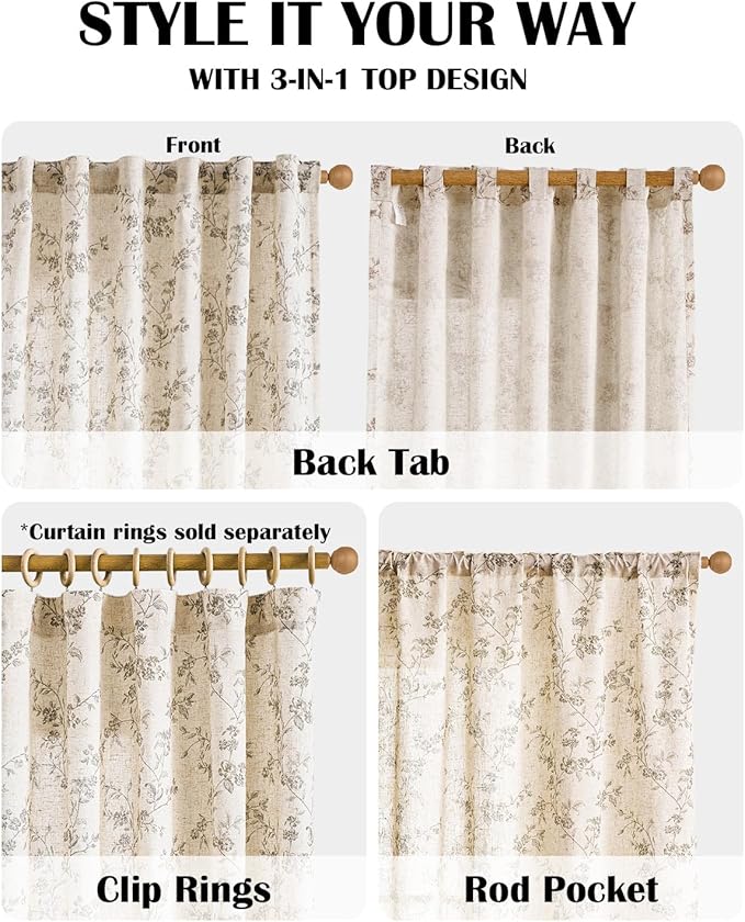 Grey Vintage Floral Linen Curtains Farmhouse 38W X 96L 2 Panels | Elisa Series - Image 4