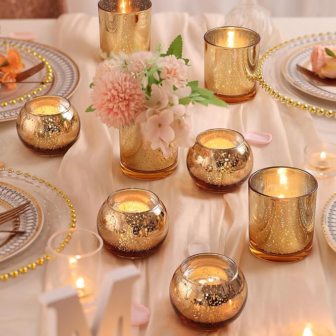 10 Pcs Assorted Gold Votive Candle Holders, Larger Size Mercury Glass Votives with Round Candle Holder for Wedding Decorations, Gold Tealight Candle Holder for Party Table Centerpieces