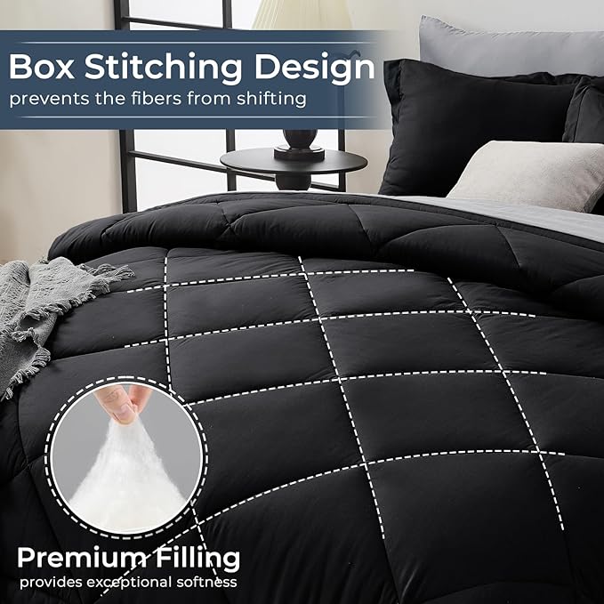 HEVUMYI Oversized Queen Comforter Set - 7-Piece All Season Bed in a Bag Oversized Queen, Ultra Soft Bedding Set with Comforter, Flat Sheet, Fitted Sheet, Pillowcases, Pillow Shams, Black & Light Grey