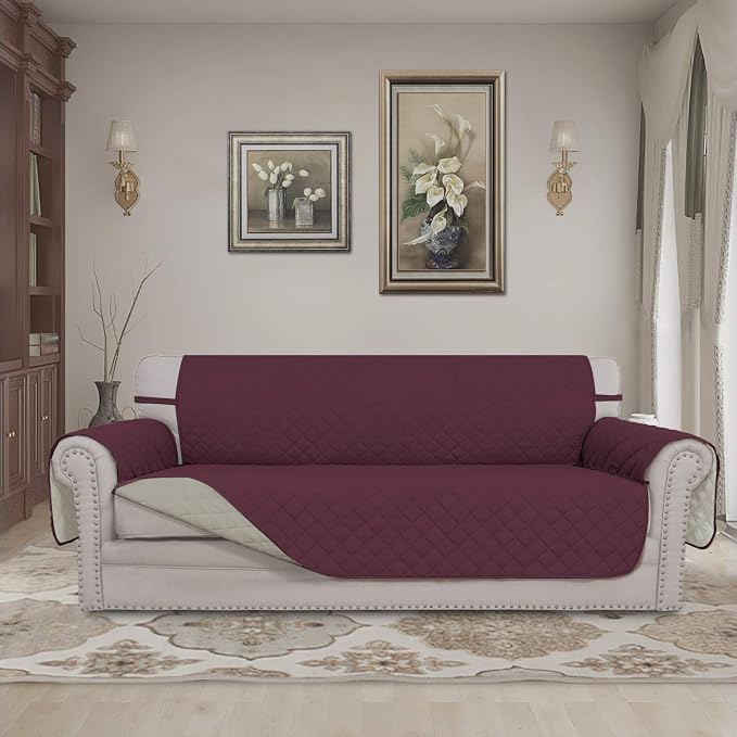 Easy-Going Reversible Couch Cover, 3 Cushion Sofa, Wine/Beige | Machine - Image 2