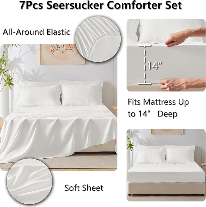 CozyLux California King Comforter Set with Sheets 7 Pieces, White Seersucker Bed in a Bag Cal King Luxury Soft Bedding Sets with Down Alternative Comforter, Sheets, Pillowcases & Shams for All Season