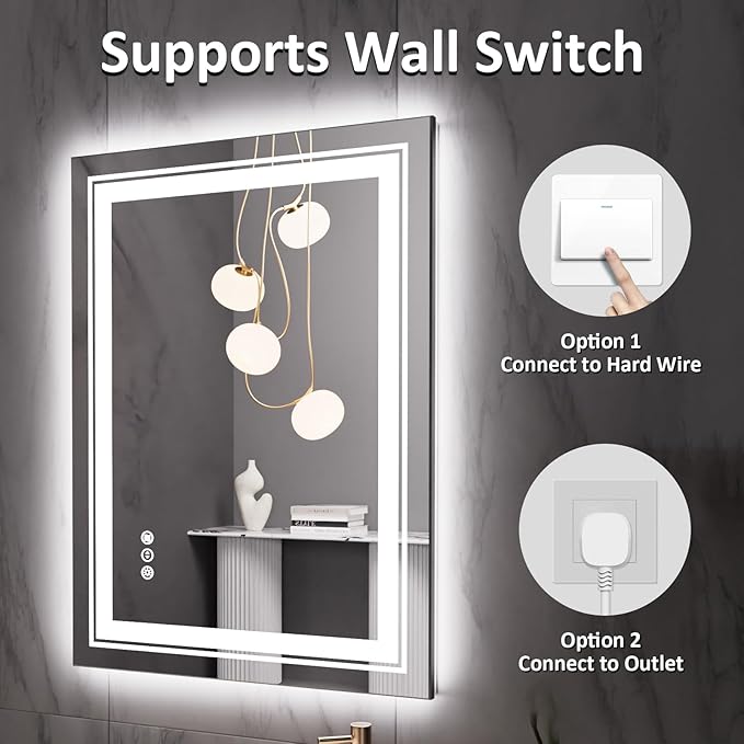 28" x 20" LED Bathroom Mirror with Lights, Front and Backlit Mirror, Anti-Fog Lighted Vanity Mirror, Stepless Dimmable, 3 Colors LED Mirror (Horizontal/Vertical)