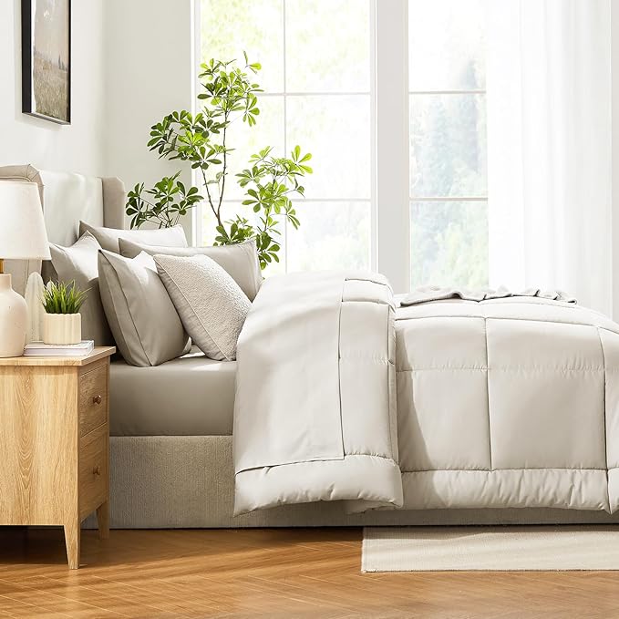 CozyLux King Size Comforter Set Oatmeal, 7 Pieces Bed in a Bag, Oatmeal Comforter King Size, All Season Bedding Sets with Stitch Quilted Comforter, Flat Sheet, Fitted Sheet, Pillowcases