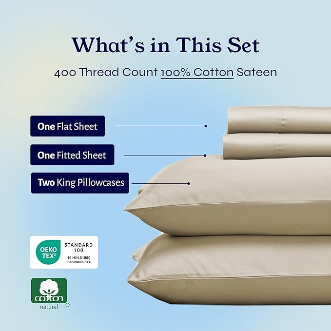 California Design Den King Size Sheets Set - Soft 400 Thread Count Sateen, Natural 100% Cotton Sheets with Deep Pockets, Breathable, Cooling and Durable Bedding Set - Beige (Golden Tone)