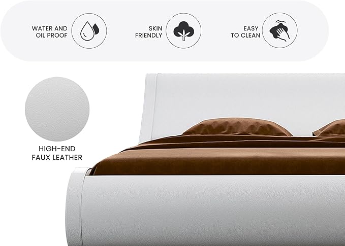 SHA CERLIN King Size Platform Bed Frame - Stylish Low Profile Design, Ergonomic Faux Leather Headboard, No Box Spring Needed, Modern Sleigh Bed, White